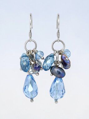 Dark Blue Cultured Keshi Pearl Earrings in 925 Sterling Silver